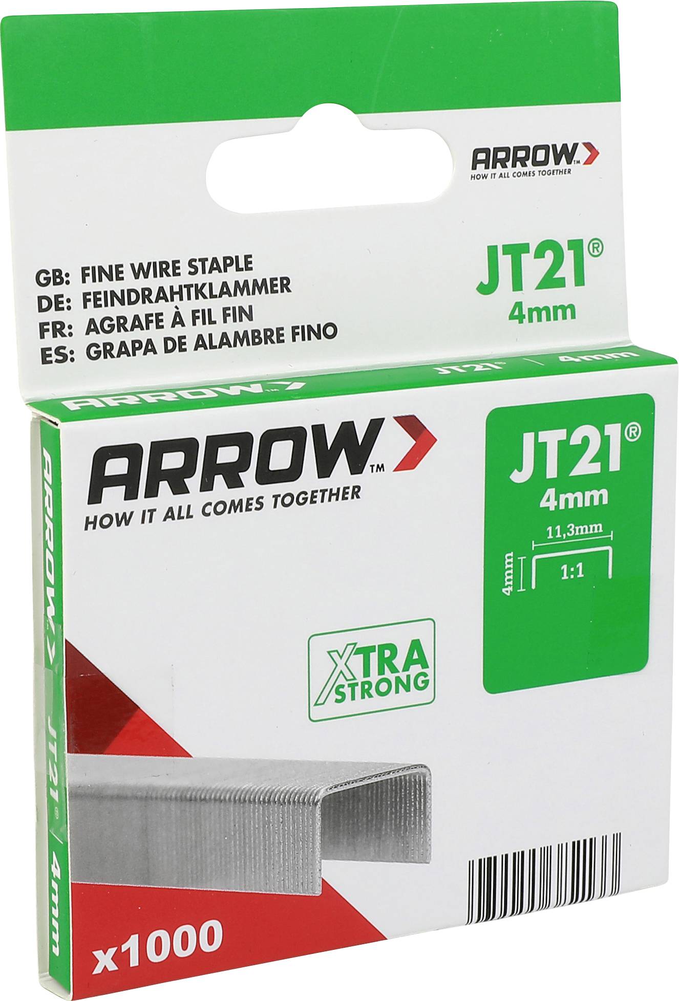 Staples Arrow JT21 4mm jemný drôt, x1000, zobrazené na maloobchodnom balení.