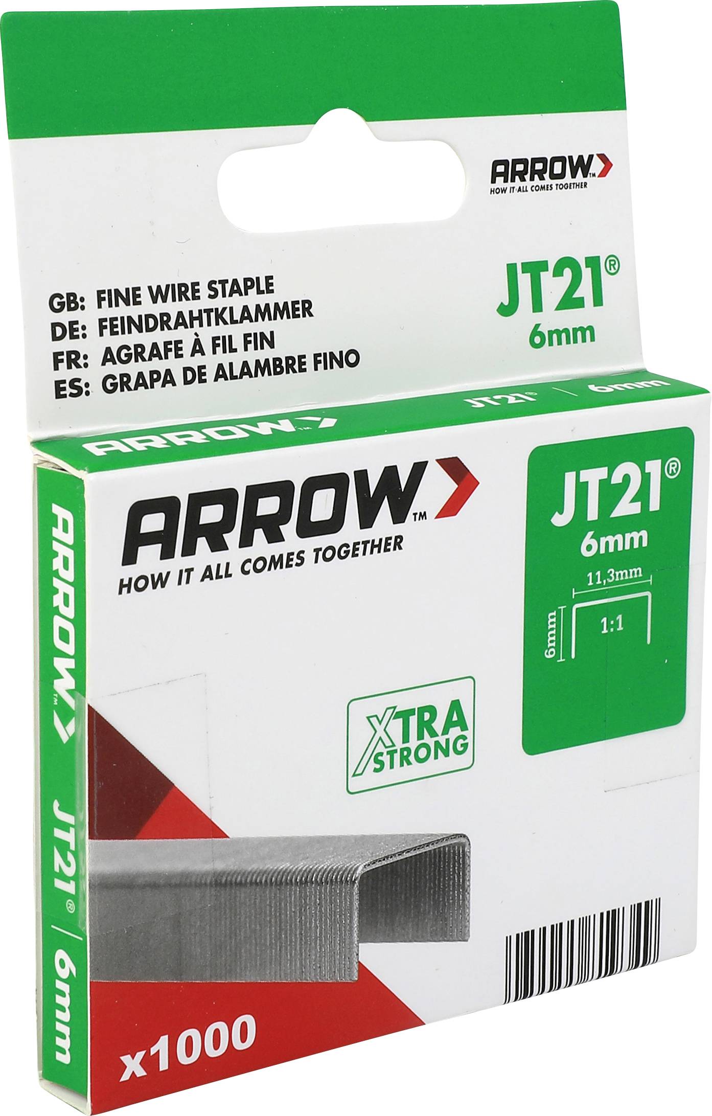 Krabička s 1000 ks jemných drôtených sponiek Arrow JT21 6mm so značkou "Xtra Strong" na bielom a zelenom balení.