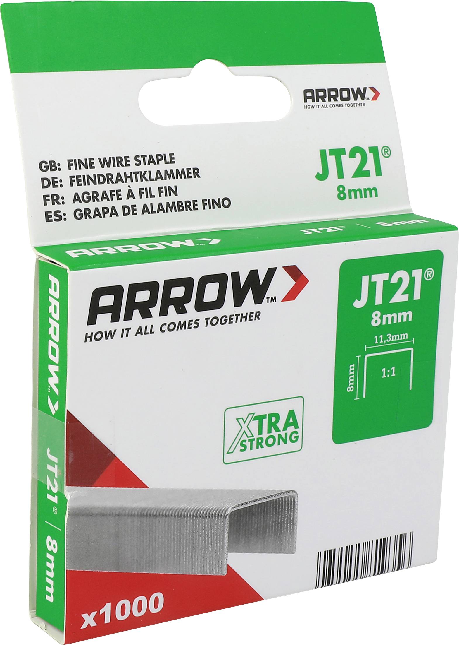 Krabica staples Arrow JT21 8mm jemný drôt, označená 'x1000' a 'Xtra Strong', s obrázkom produktu a čiarovým kódom na bielom a zelenom balení.