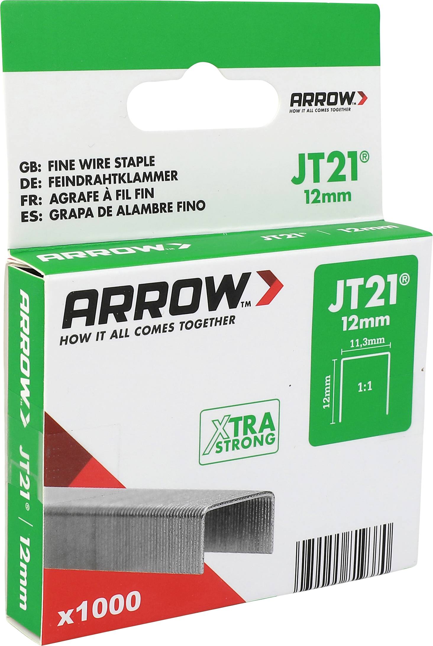 Krabica so sponkami Arrow JT21 12mm jemný drôt, x1000, zobrazená na bielom pozadí.