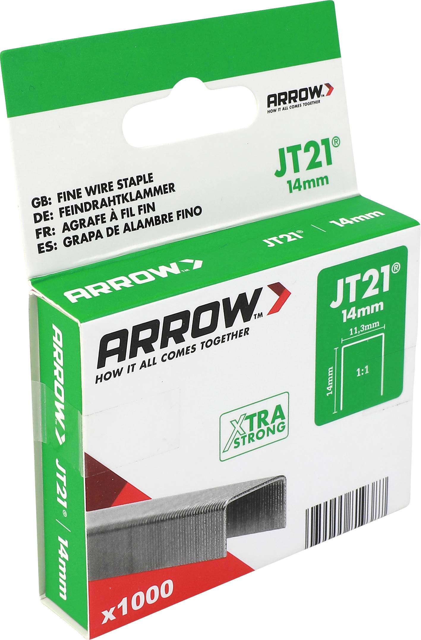 Krabica Arrow JT21 s jemnými drôtenými sponami 14 mm, balenie 1000 kusov, zobrazené na bielom pozadí.