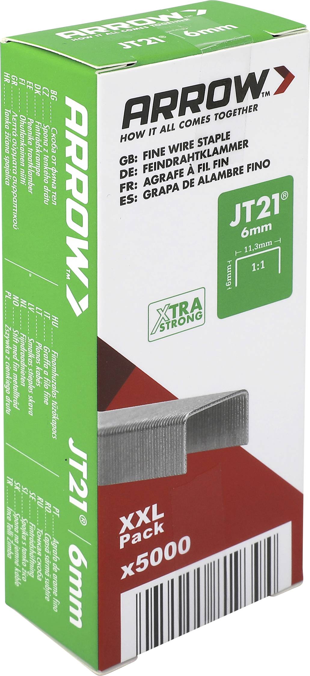 Krabica spín Arrow JT21 6mm, "XXL Pack x5000", zeleno-biely obal s čiarovým kódom.