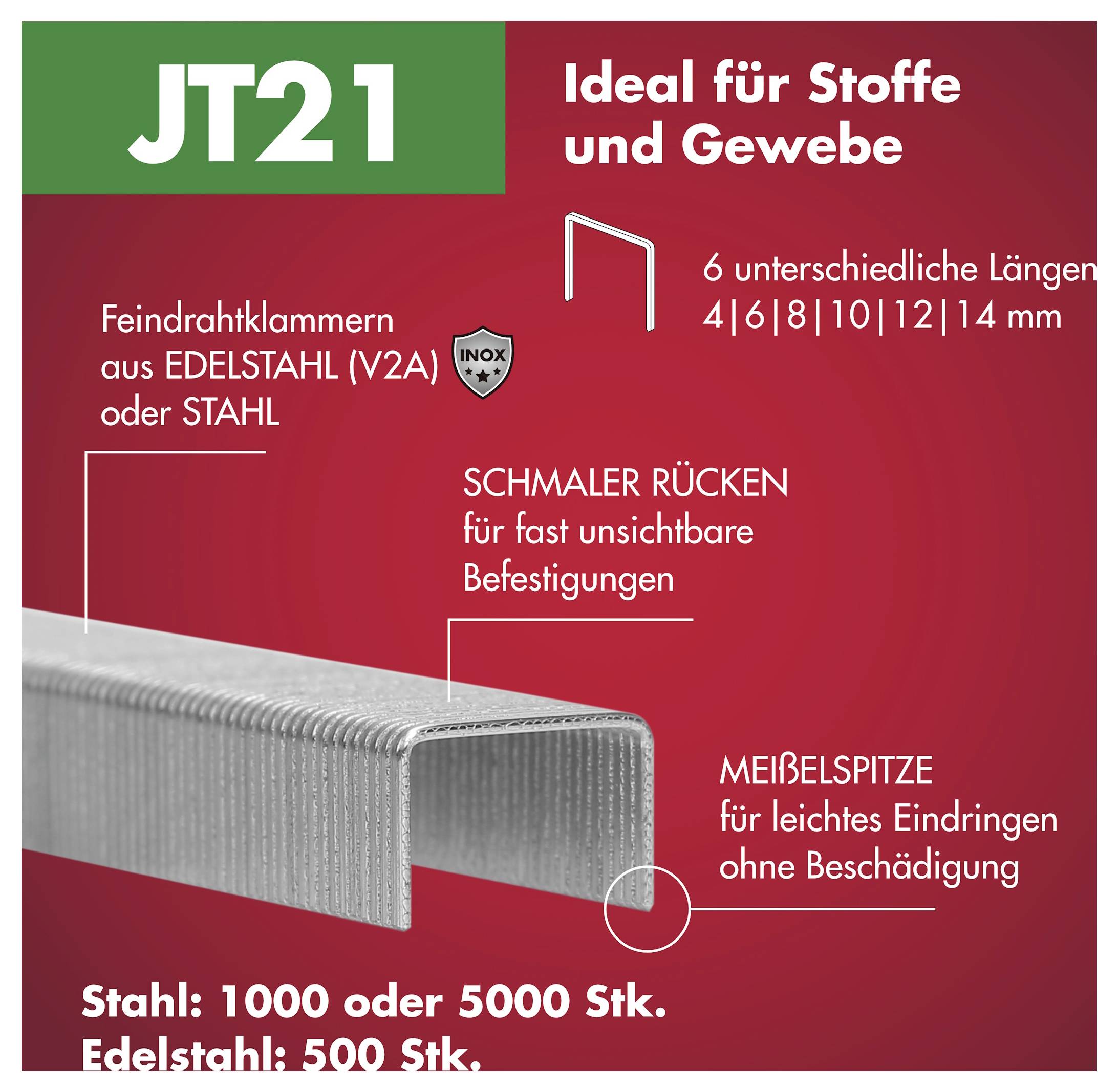 Produktová grafika pre jemné drôtené sponky JT21 na tkaniny a textílie, zobrazujúca nehrdzavejúcu oceľ alebo oceľ, šesť dĺžok 4–14 mm, úzky chrbát, zošikmená špička a množstvá v balení.