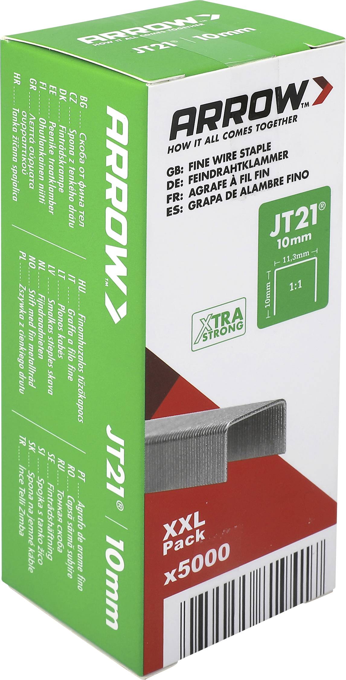 Arrow JT21 10mm jemné drôtené spony v krabici, označené 'XXL Pack x5000' a 'Xtra Strong'.