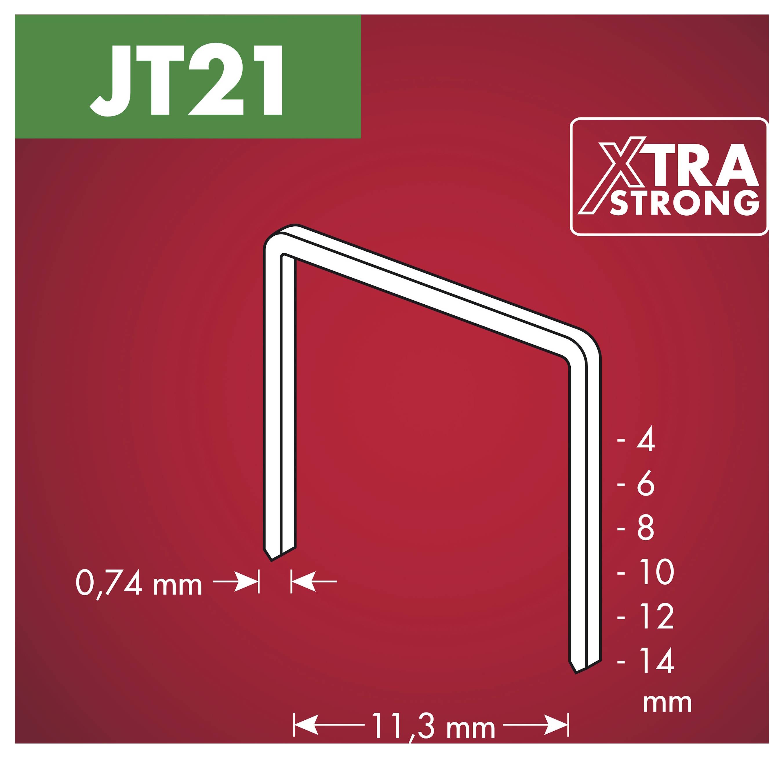 Diagram zošívačov JT21 XtraStrong, ukazujúci drôt 0,74 mm a šírku 11,3 mm, dostupné v rozmeroch 4, 6, 8, 10, 12 a 14 mm.