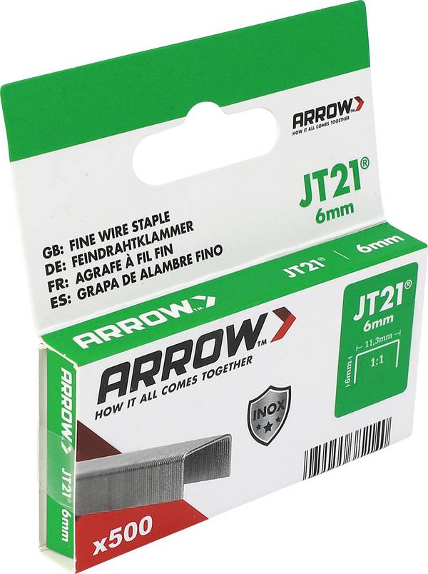Sponky do zošívačky JT21, jemné drôtené sponky z nehrdzavejúcej ocele V2A 6 mm, 500 kusov. 500 ks Arrow Tool Group 382140