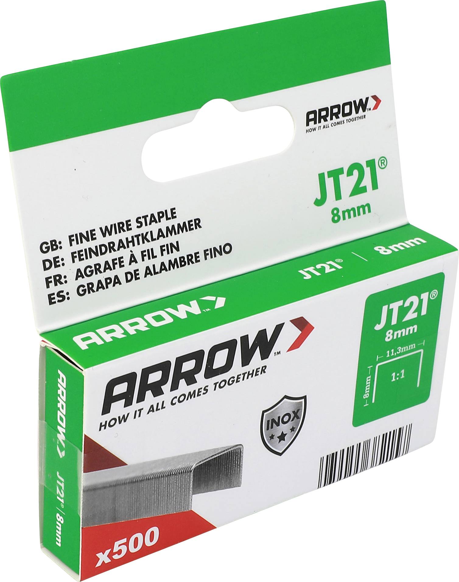 Krabička s drôtenými sponami Arrow JT21 8mm, balenie s počtom 500 kusov v zeleno-bielom balení.