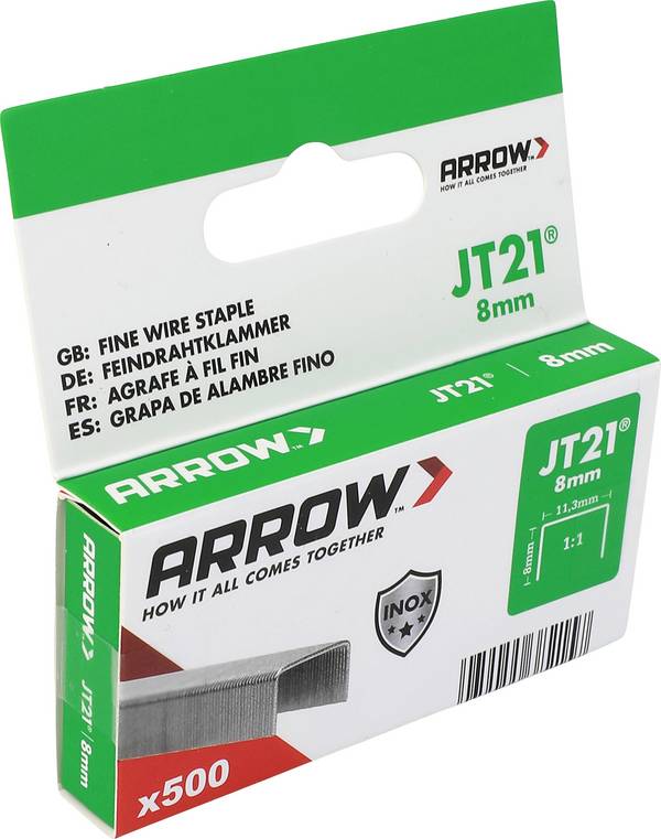 Sponky do zošívačky JT21, jemné drôtené sponky z nehrdzavejúcej ocele V2A 8 mm, 500 kusov. 500 ks Arrow Tool Group 382157