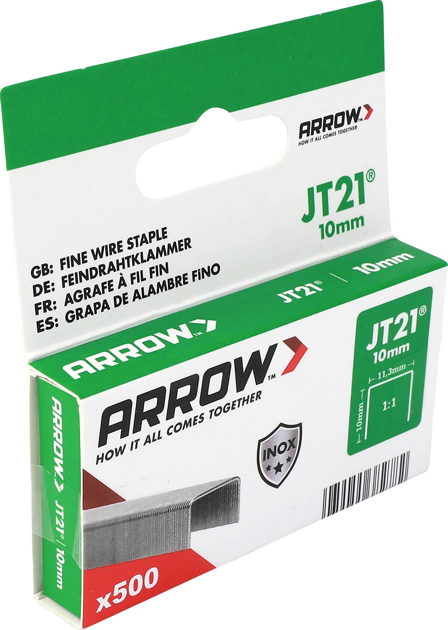 Zafixovacia drôtená sponka Arrow JT21 10mm v krabici, balenie 500 kusov, zeleno-biele obalové riešenie s označením produktu.