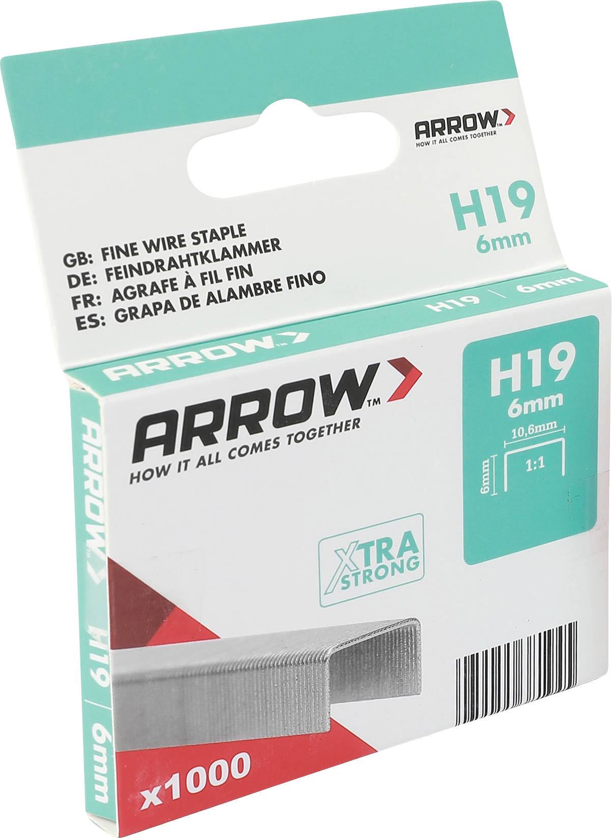Krabica špecializovaných staples Arrow H19 6mm jemného drôtu, balenie x1000 kusov, zobrazená na bielom pozadí.
