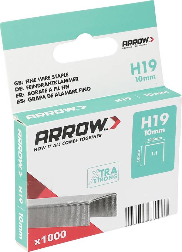 Sponky na šípové zošívačky H19, jemné drôtené sponky na kladivkové zošívačky 10 mm, 1000 kusov. 1000 ks Arrow Tool Group 381983