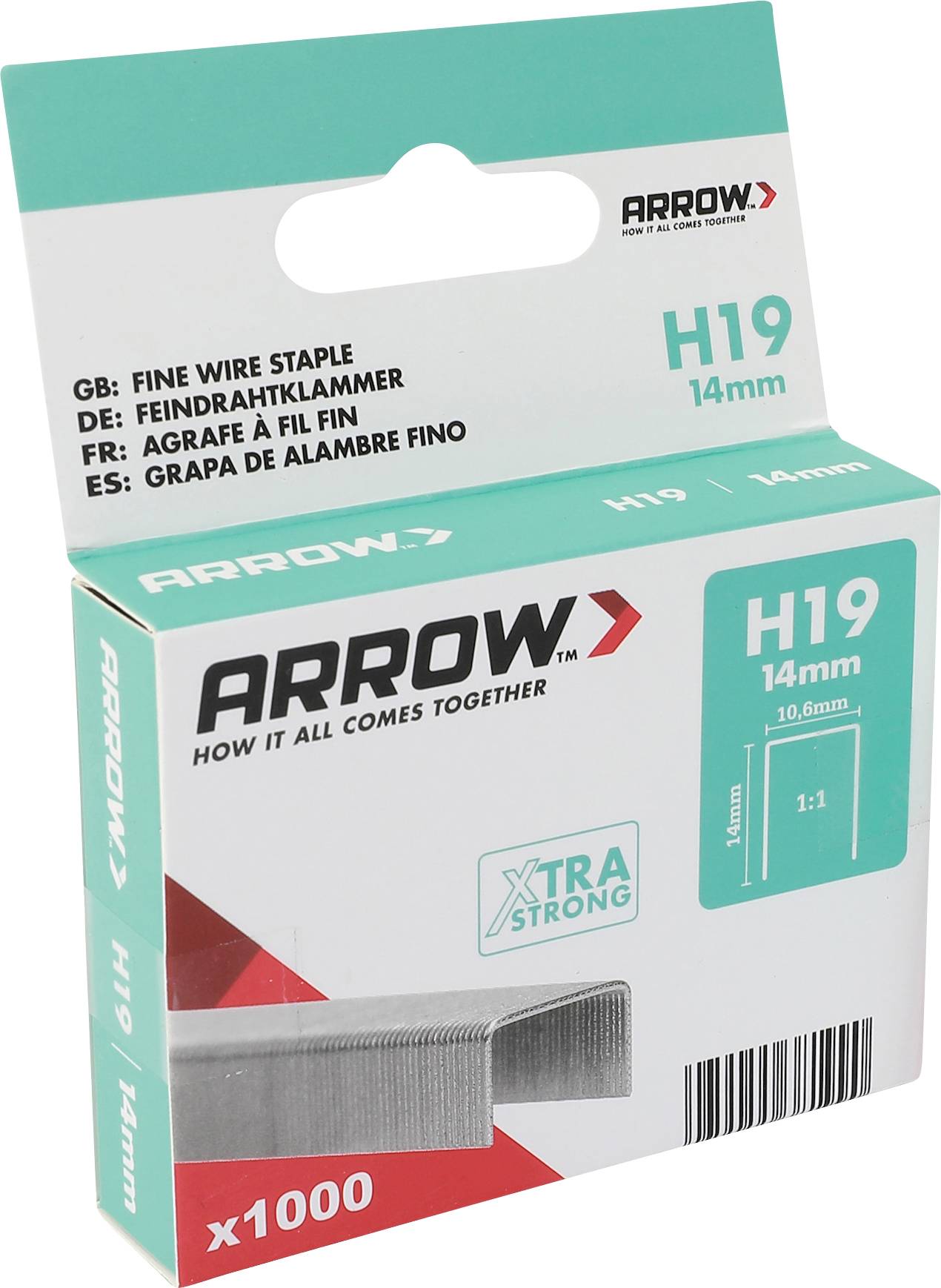Krabička zošívačov Arrow H19 14mm jemný drôt, označená x1000, zobrazená na bielom pozadí.