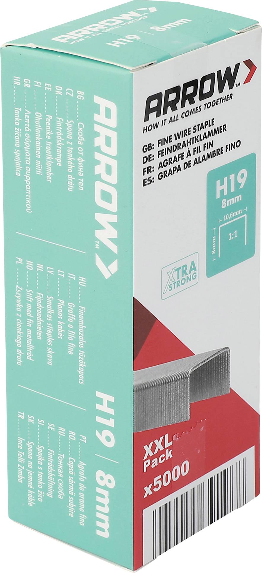 Krabička staples Arrow H19 8mm, teal a biely obal s červeným spodkom a čiarovým kódom.