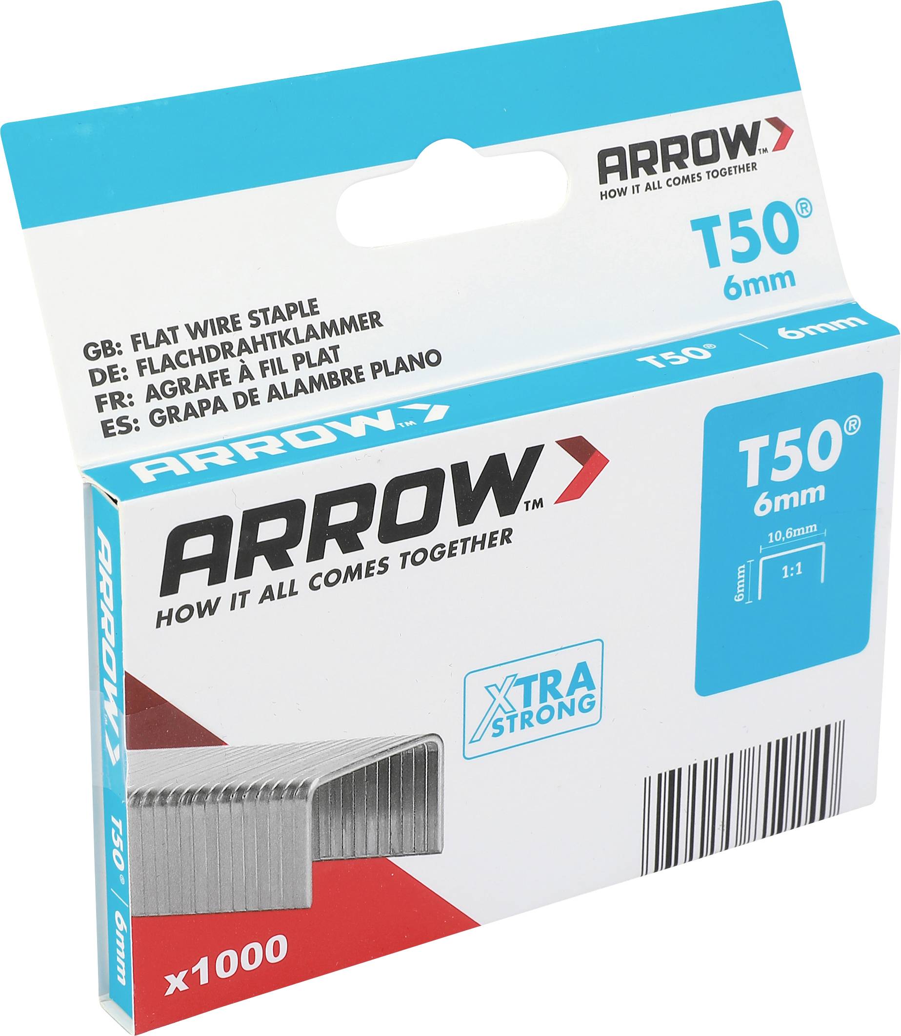Krabica zásuviek ARROW T50 6mm ploché drôtené, označená x1000 a Xtra Strong.