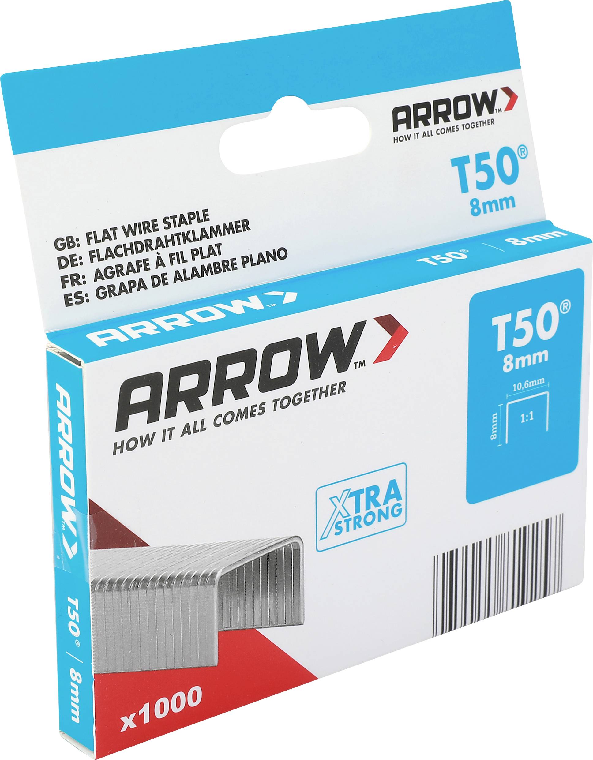 Krabica klincov Arrow T50 8mm s plochým drôtom, zobrazujúca 1000 klincov a značku "XTRA STRONG".