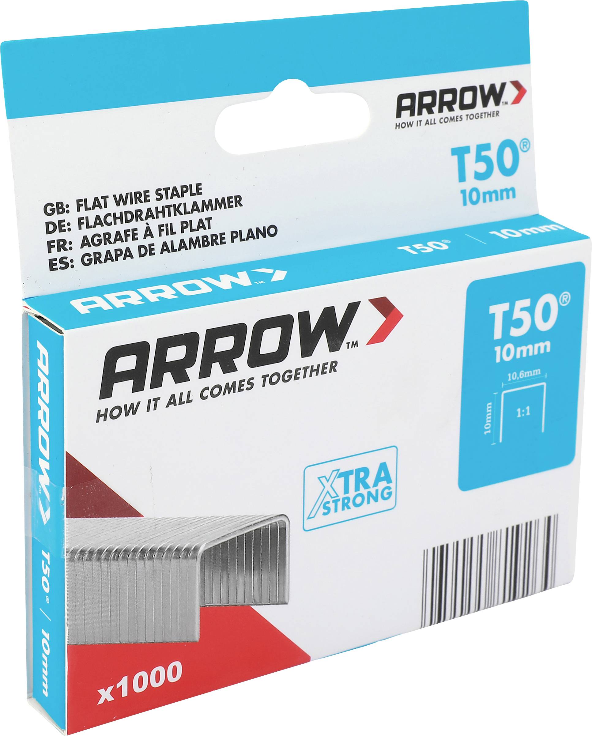Krabička ARROW T50 10mm plochého drôtu sponiek, x1000, zobrazená na bielom pozadí.