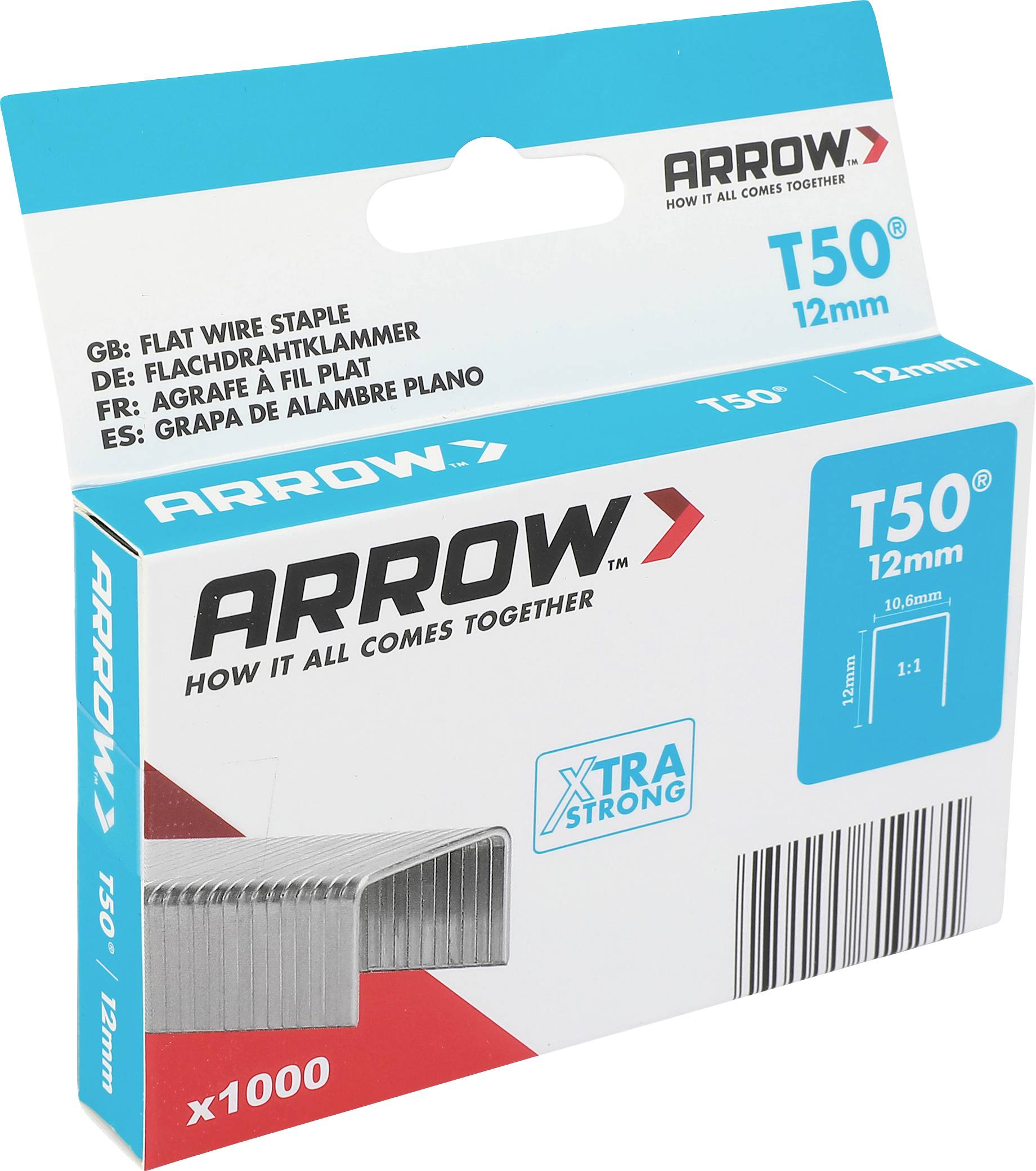 ARROW T50 12mm ploché drôtené sponky v krabici, označené x1000 a XTRA STRONG, zobrazené na bielom pozadí.