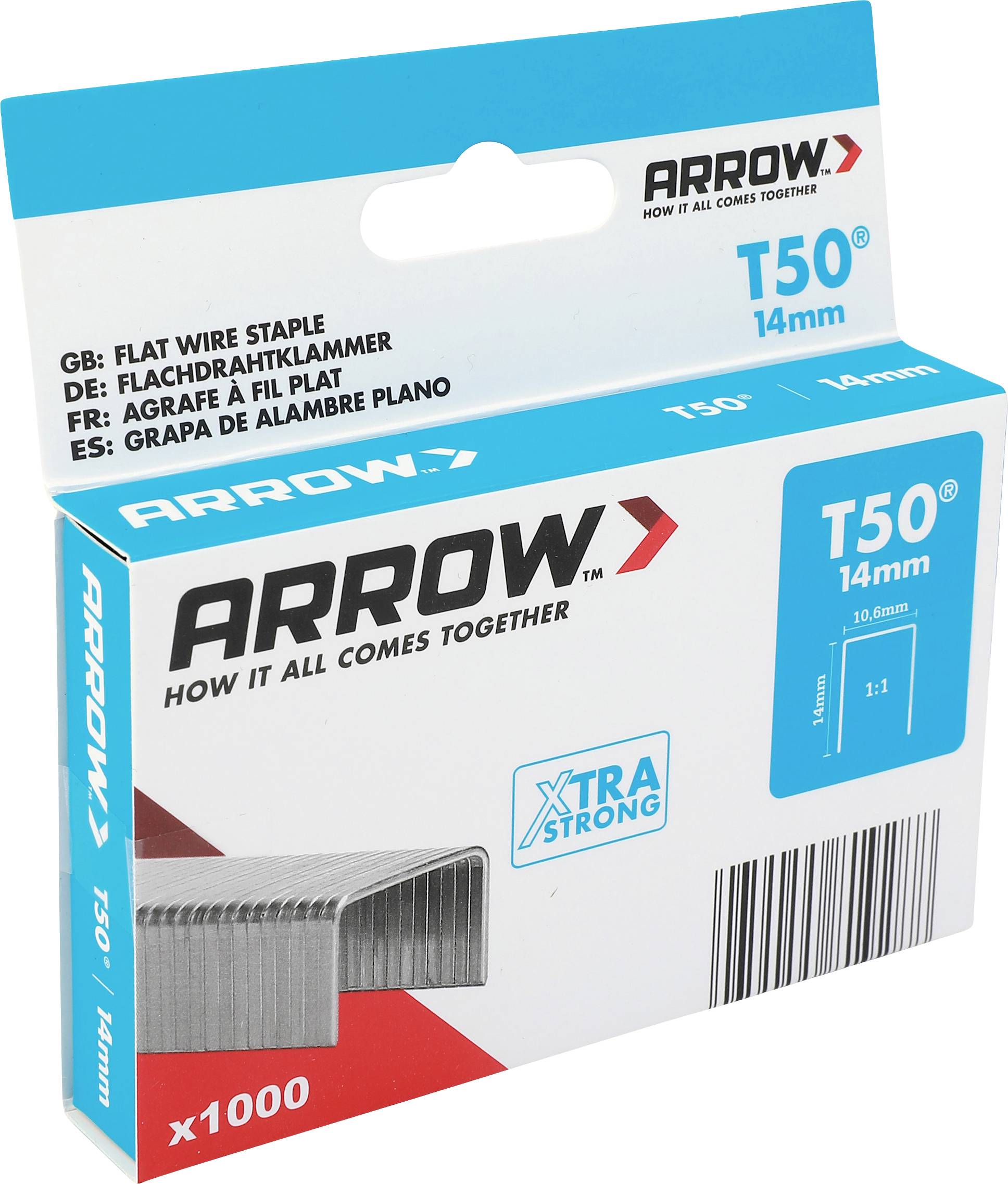 Balenie staples Arrow T50 14mm s plochým drôtom, označené 'x1000' a 'Xtra Strong,' s obrázkom produktu a čiarovým kódom.