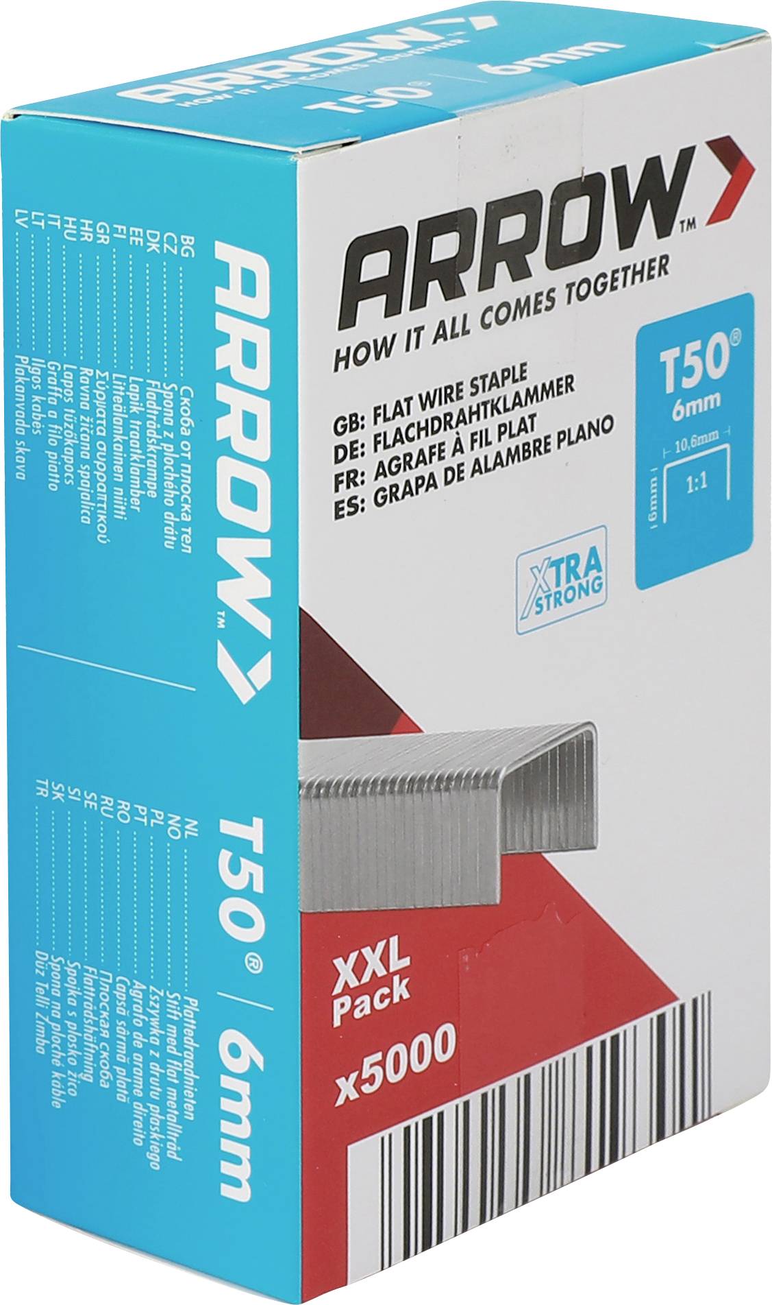 Krabica staples Arrow T50 6mm, balenie XXL s 5000 kusmi, zobrazená na bielom pozadí.