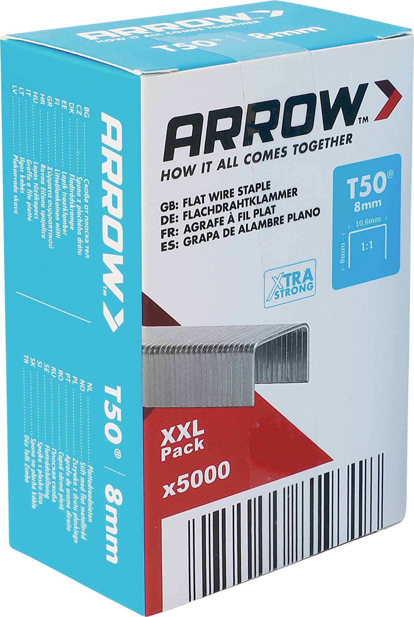 Krabica špáradiel Arrow T50 8 mm, XXL balenie x5000, s firemným značením produktu a čiarovým kódom na tyrkysovo-bielom balení.