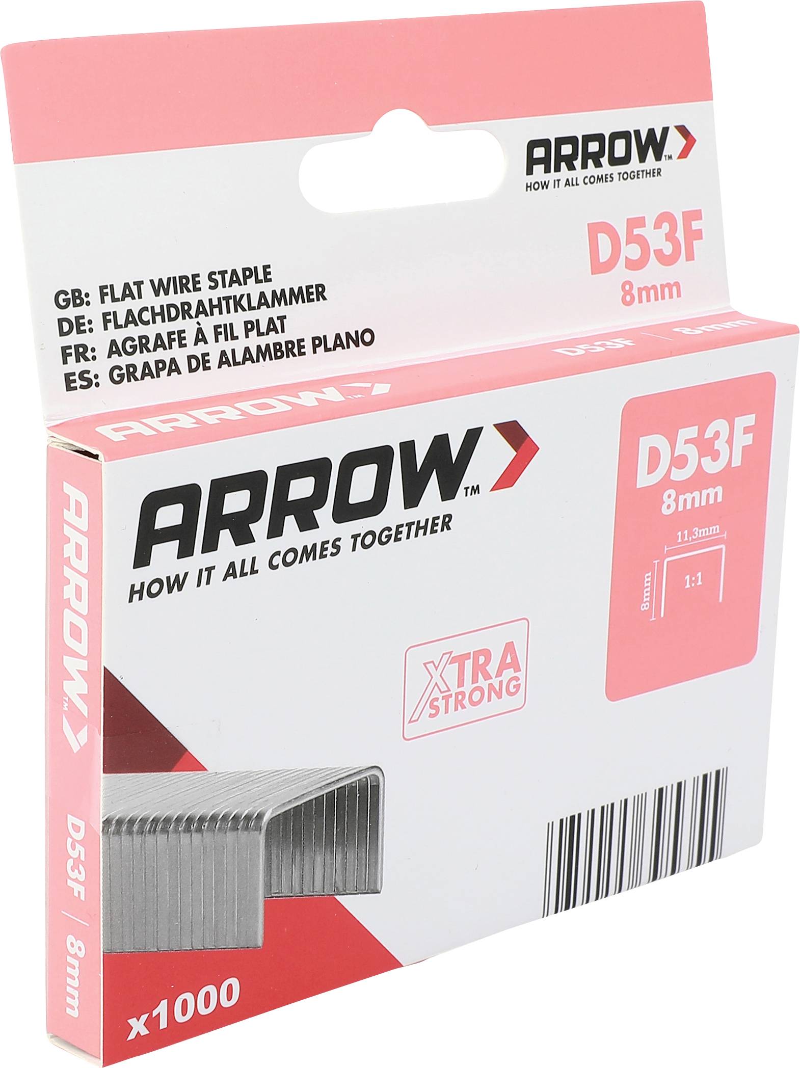 Krabica spín Arrow D53F 8 mm ploché drôtené spony, x1000, s obrázkom produktu a čiarovým kódom na bielom pozadí.