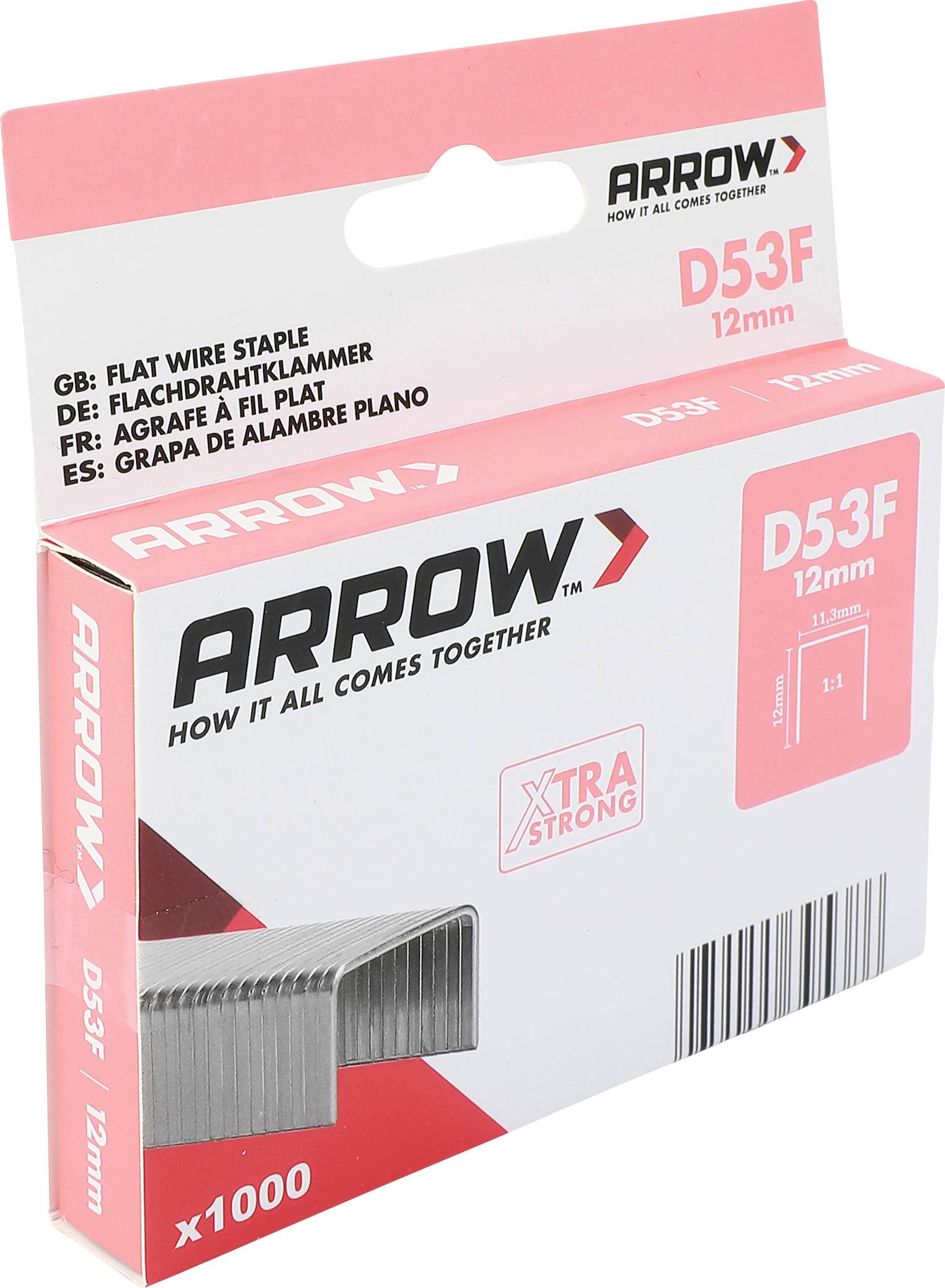 Staples Arrow D53F 12mm, ploché drôtové sponky v krabici, ktorá zobrazuje x1000 spúnok a značenie produktu.