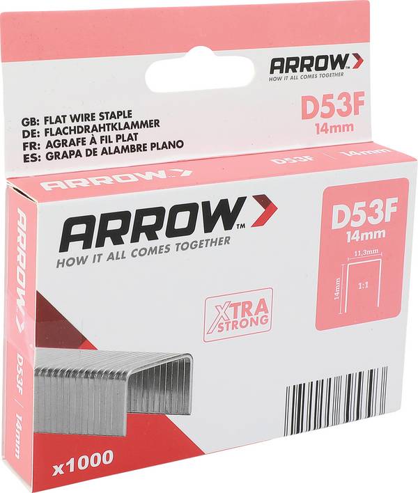 Zošívačka Arrow D53F, ploché drôtené sponky 14 mm, 1000 kusov. 1000 ks Arrow Tool Group 395393