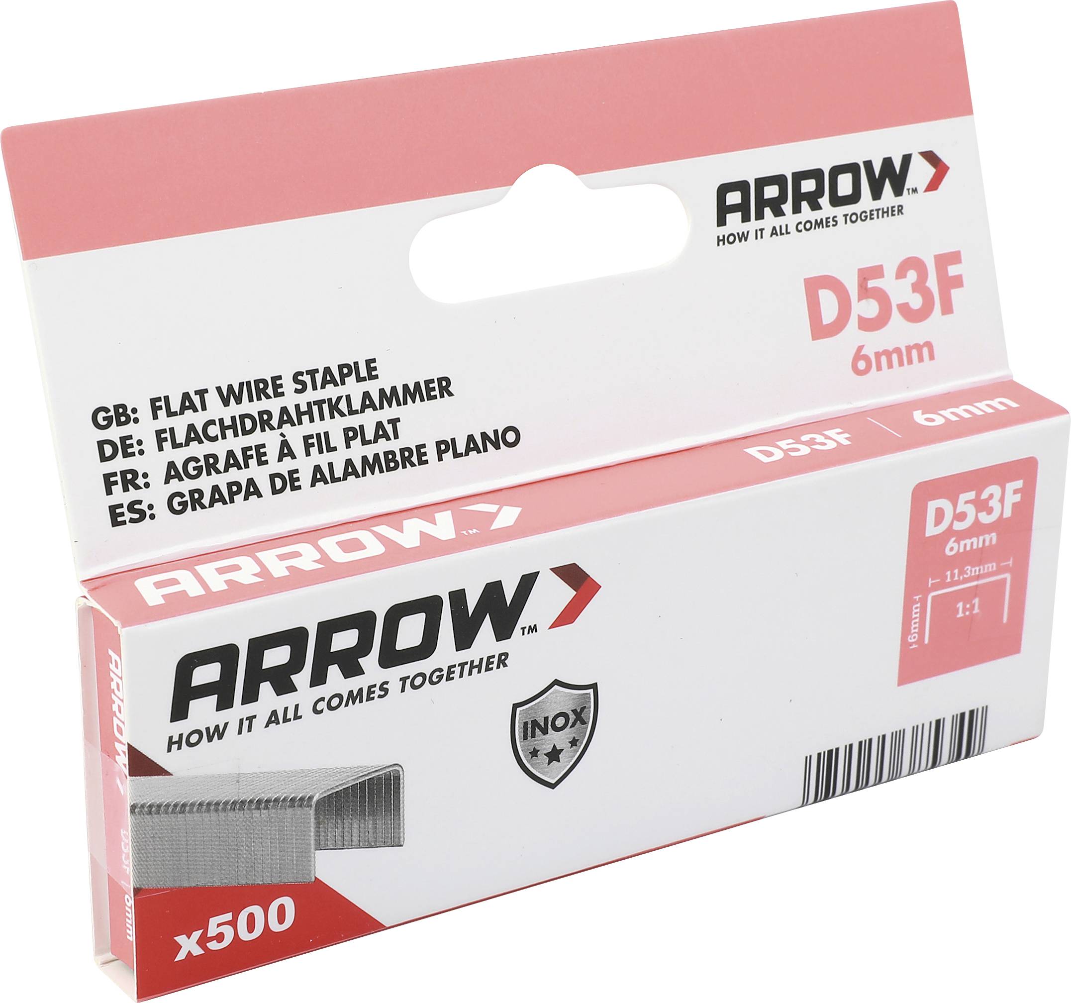 Sponky Arrow D53F 6mm plochý drôt, krabica, balenie 500 ks, zobrazené na bielom pozadí.