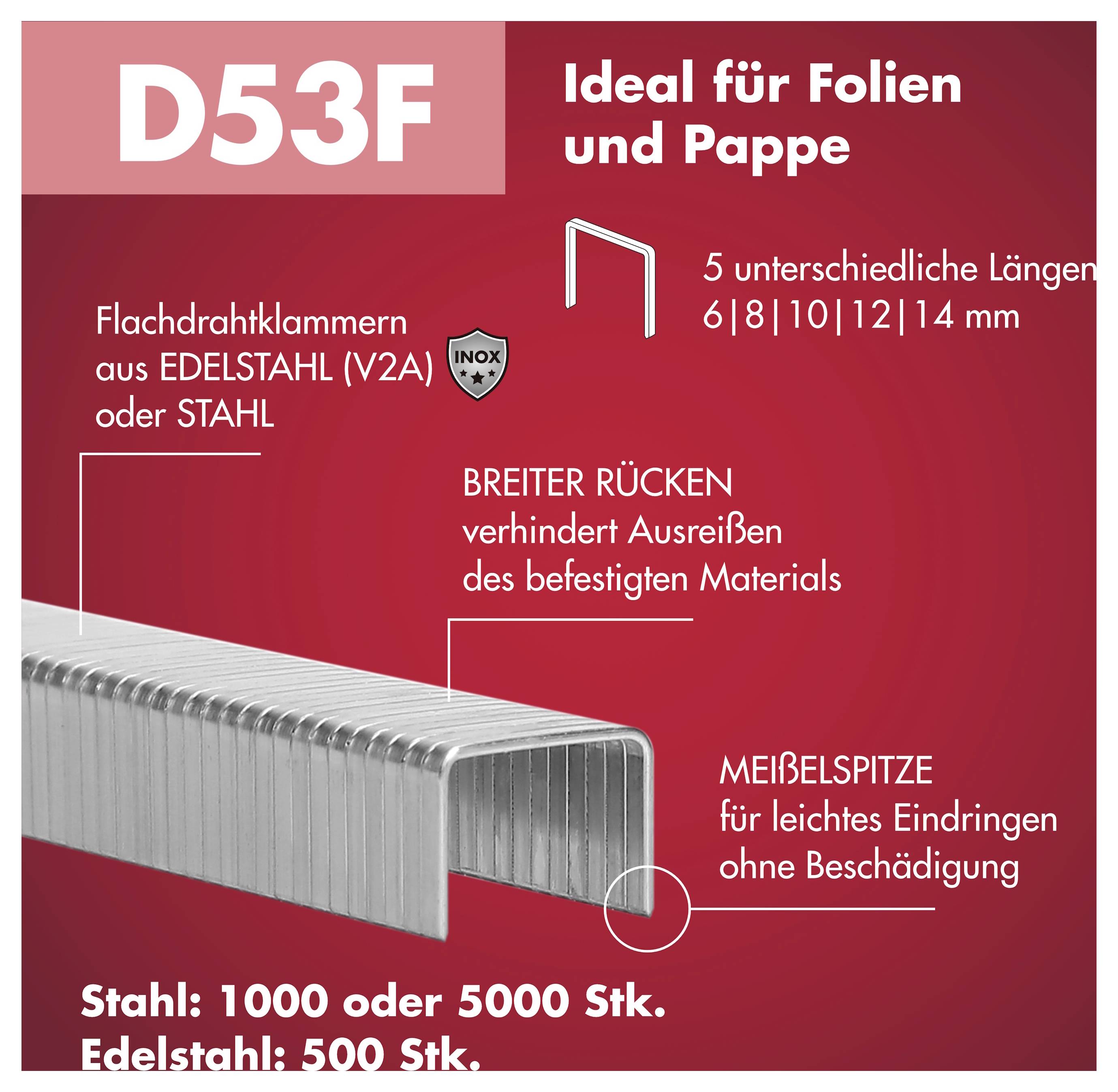 Sponky Arrow Tacker D53F, ploché drôtené sponky z nehrdzavejúcej ocele V2A 6 mm, 500 ks. 500 ks Arrow Tool Group 385349-2