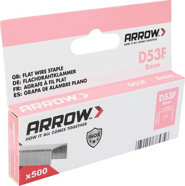 Sponky Arrow Tacker D53F, ploché drôtené sponky z nehrdzavejúcej ocele V2A 8 mm, 500 ks. 500 ks Arrow Tool Group 385356