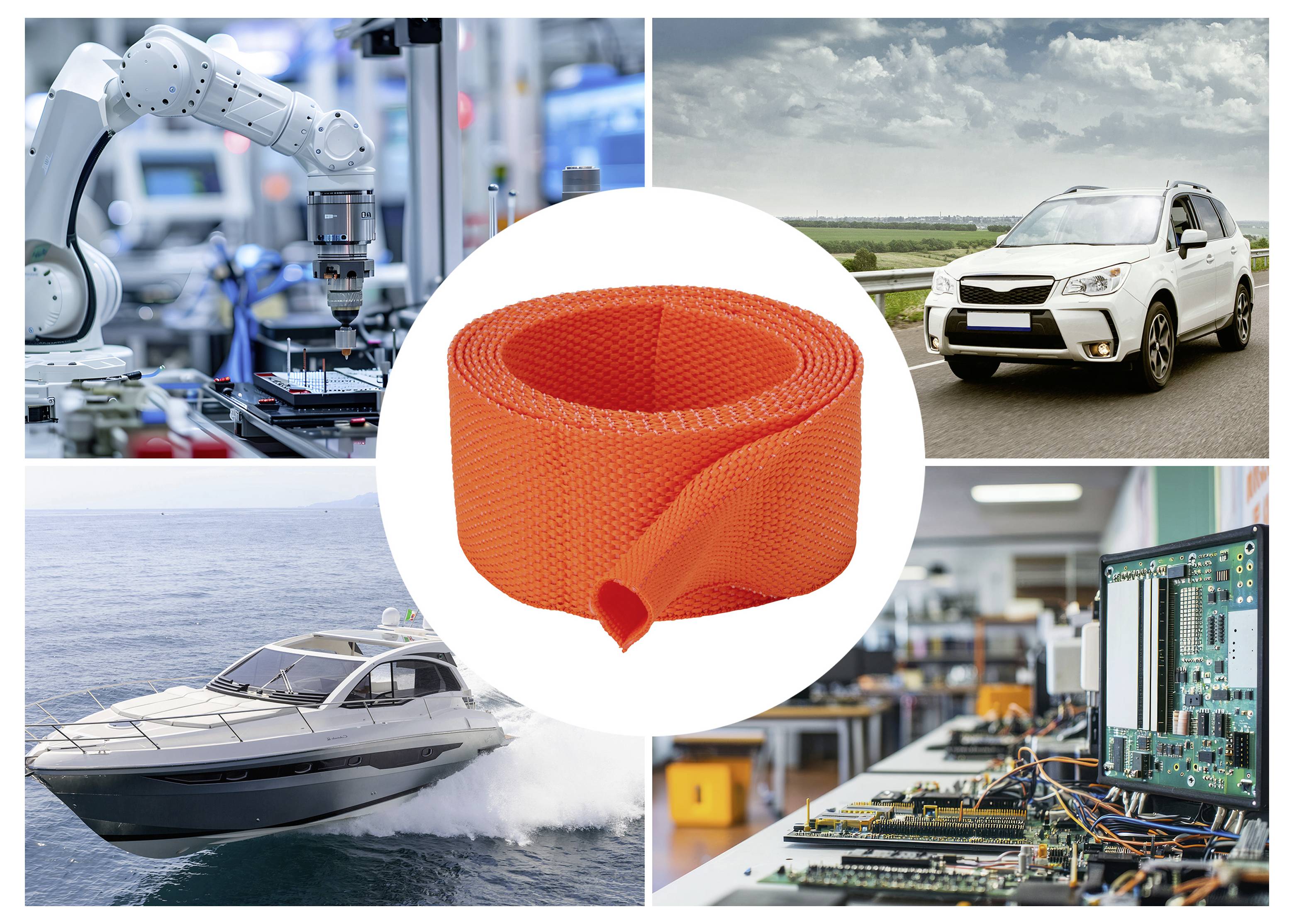 Oranžový flexibilný pás aleboband centrovaný v koláži aplikácií: robotika, automobil, loď a výroba elektroniky.
