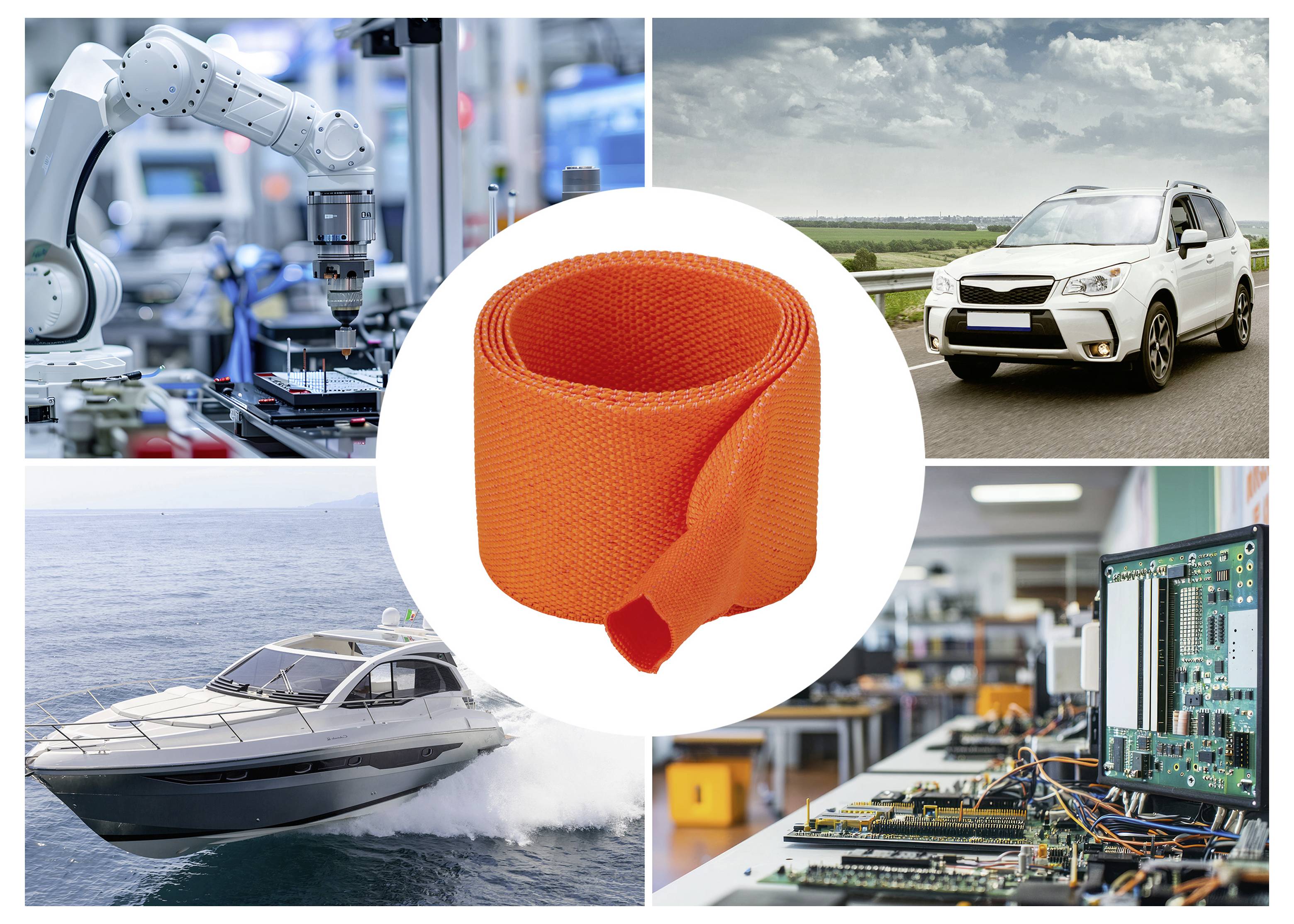 Oranžový tkaný tepelne odolný návlek zobrazený ako centrálny produkt, obklopený príkladmi použitia v robotike, automobile, člne a montáži elektroniky.