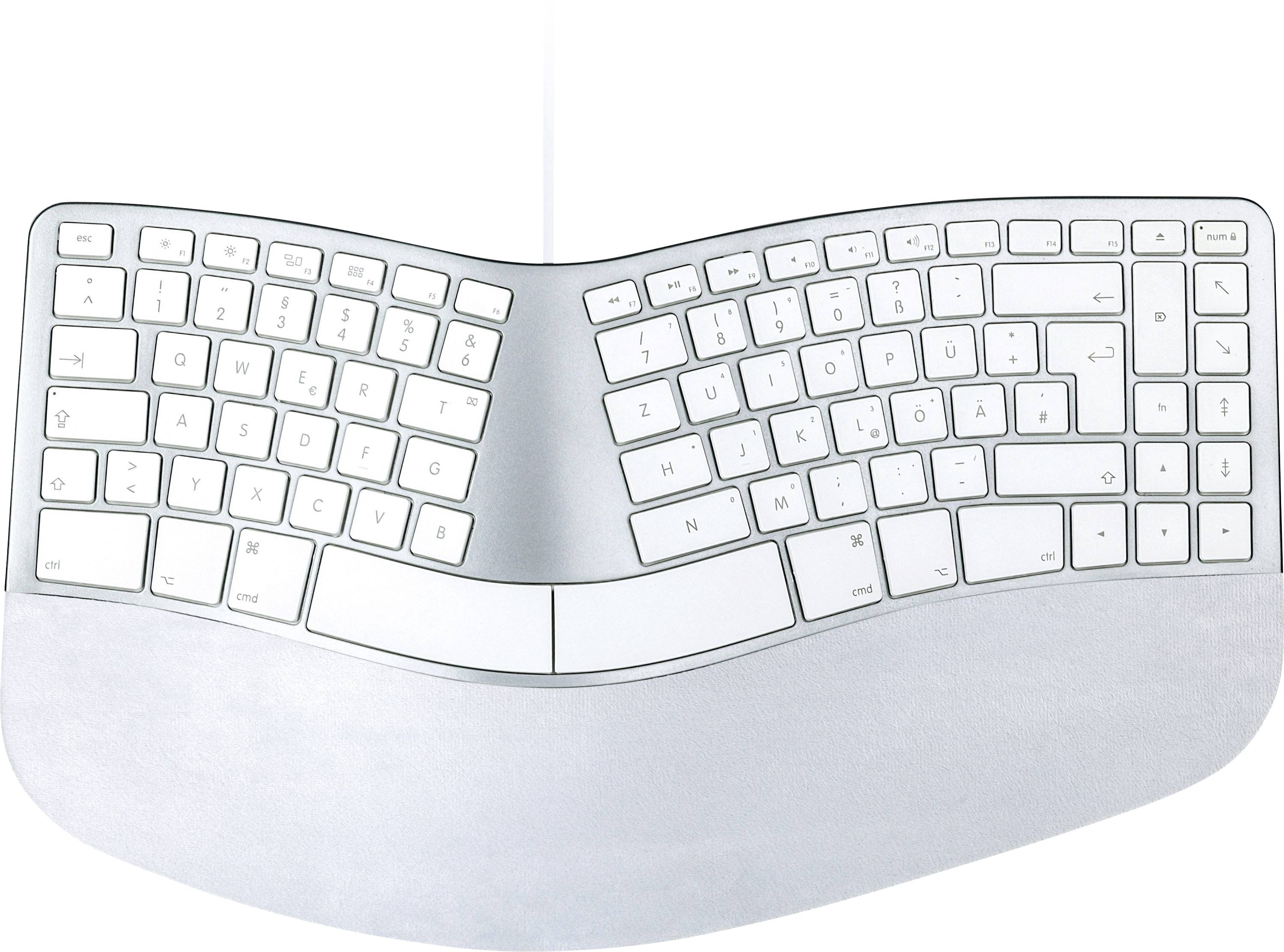 Biela ergonomická rozdelená klávesnica s oblúkovým dizajnom, zobrazená zvrchu na svetlom pozadí.