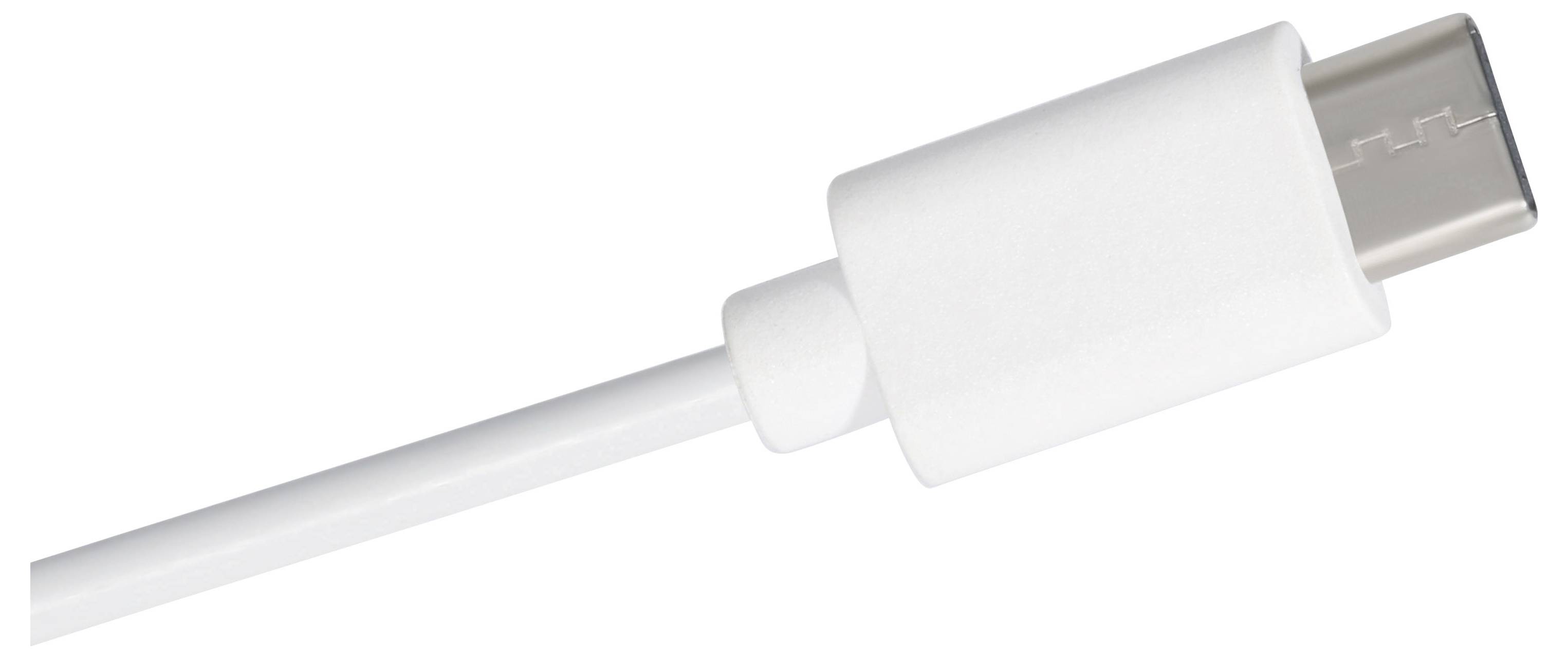 Detailný záber na biely konektor USB-C kábla na jednoduchom bielom pozadí.