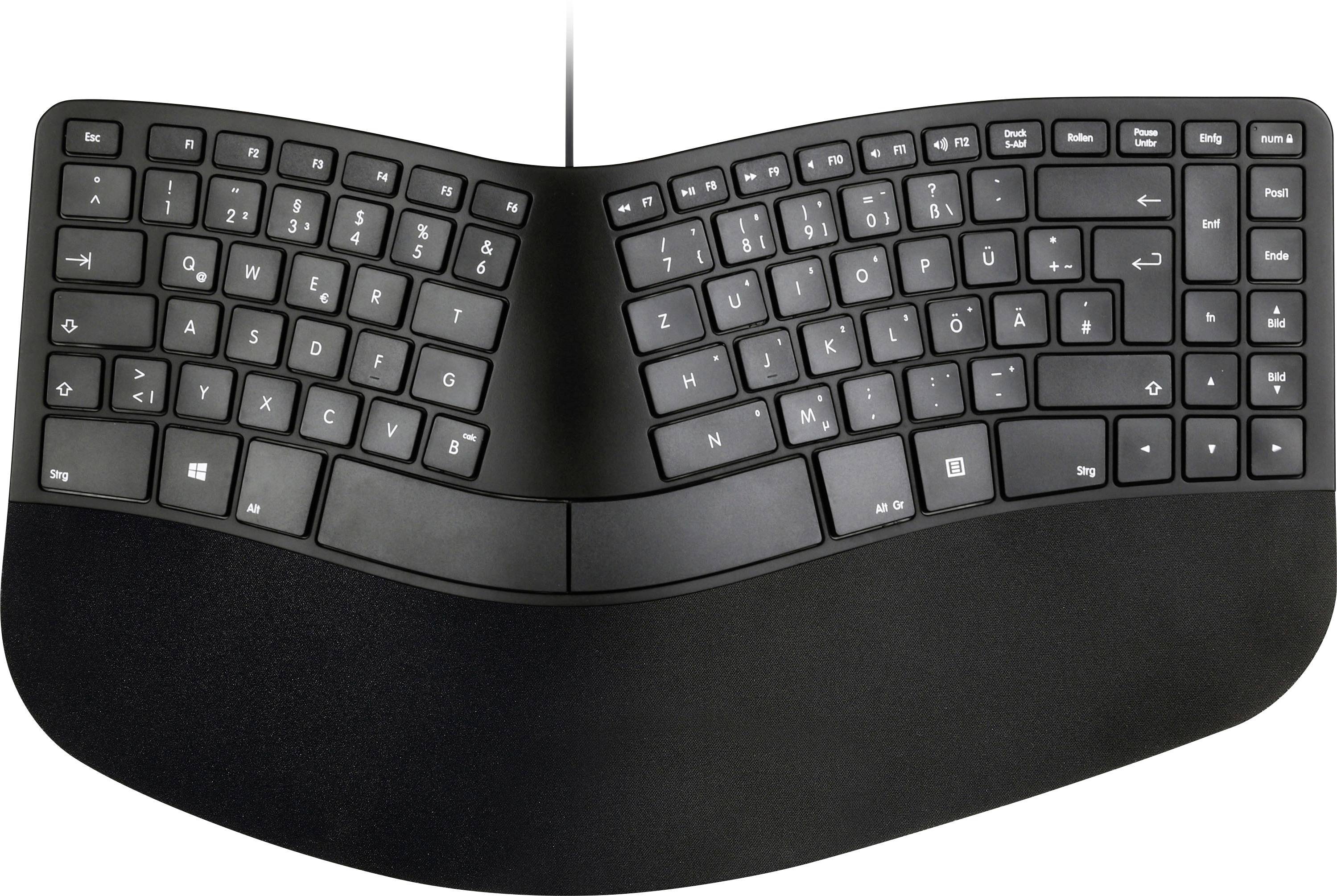 Rozdelená ergonomická čierna klávesnica s oblúkovým, nakloneným rozložením a oddelenými ľavými a pravými časťami klávesov