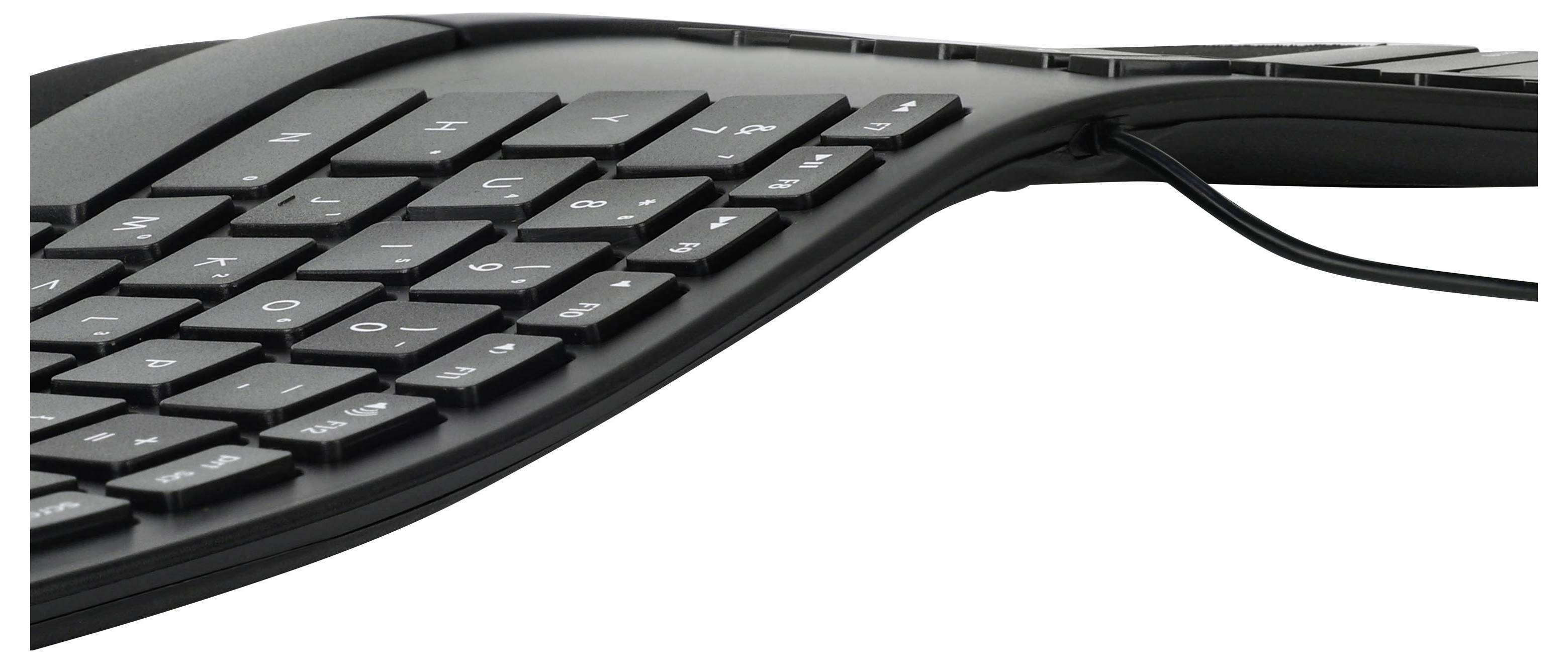 Čierna ergonomická počítačová klávesnica zobrazená v šikmom bočnom pohľade na bielom pozadí, zdôrazňujúca jej zaoblený rozdelený dizajn a klávesy.