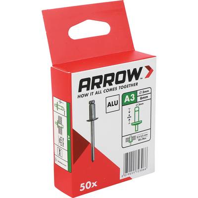 Krabica značky Red Arrow s hliníkovými slepými nitmi veľkosti A3, označená 50x, zobrazená na bielom pozadí.