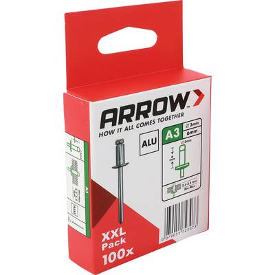 Červená šípka A3 hliníkové slepé nity box, označené „XXL Pack 100x" a „Ako sa to všetko spája", s obrázkom produktu a špecifikáciami veľkosti.