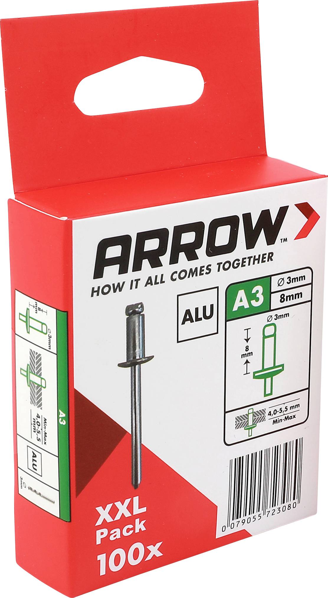 Červená ARROW A3 hliníková slepá nýtovacia prípravka, označená „XXL Pack 100x" a „3mm 8mm", s produktovými diagramami a čiarovým kódom.