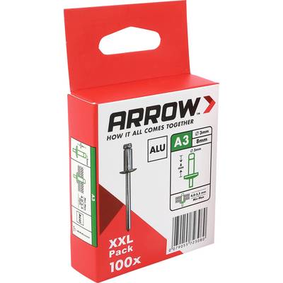 Červená ARROW A3 hliníková slepá nýtovacia prípravka, označená „XXL Pack 100x" a „3mm 8mm", s produktovými diagramami a čiarovým kódom.