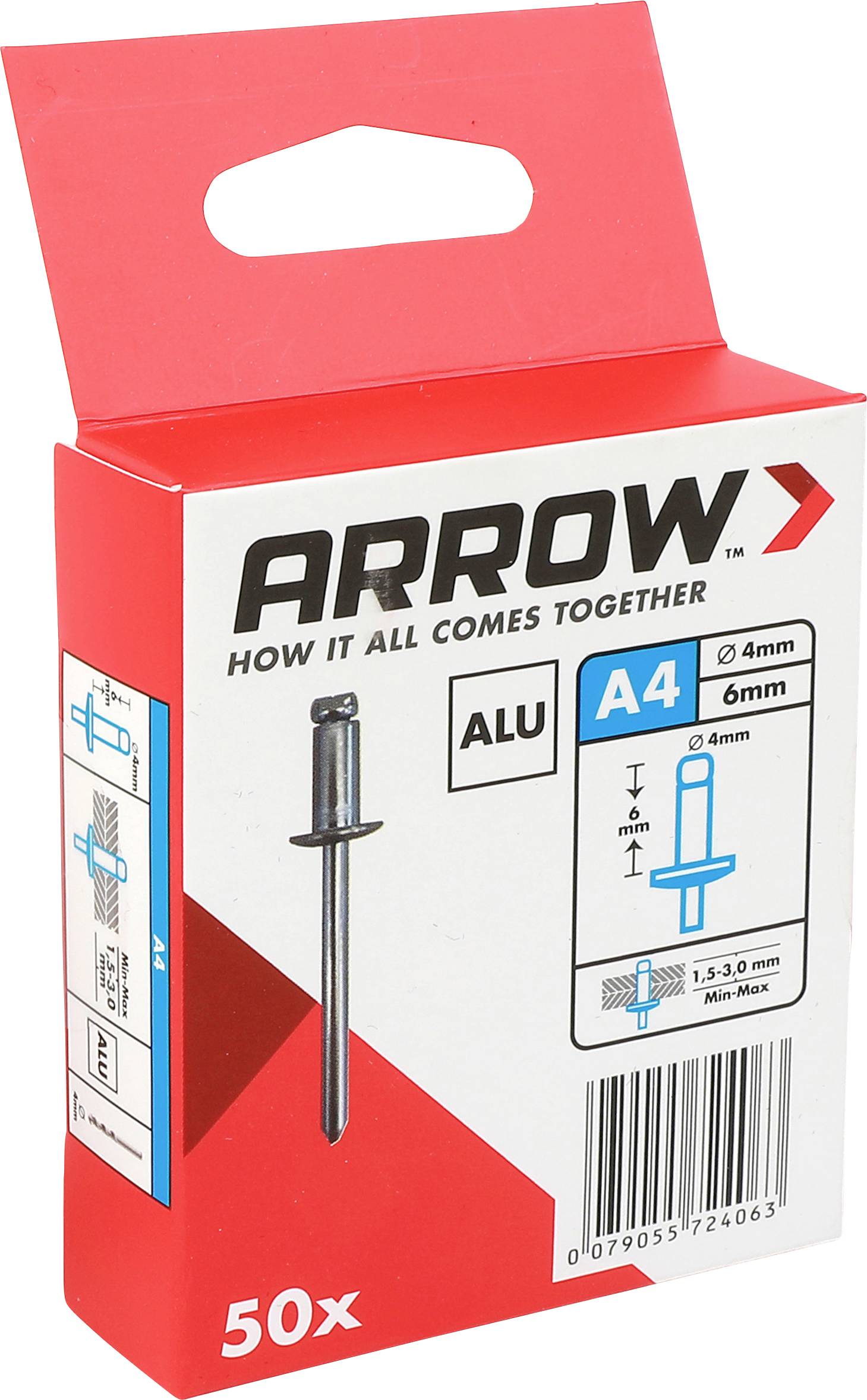 Krabica hliníkových nýtov Arrow A4, balenie 50 kusov, s obrázkom produktu a špecifikáciami veľkosti na balení.