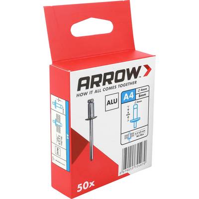 Červený box na nity ARROW A4 z hliníka označený 50x so špecifikáciami produktu a čiarovým kódom.
