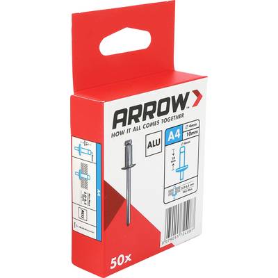 Červená BOX ARROW s 50 hliníkovými nitvami A4, zobrazená ako obal produktu s detailami predného a bočného štítku.