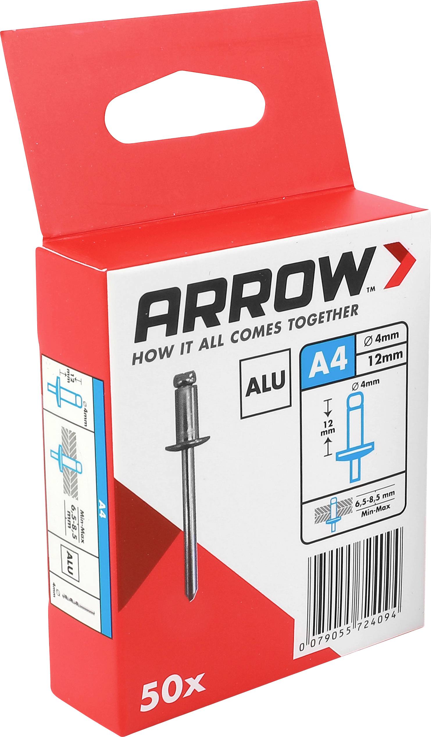 Krabička značky Red Arrow s 50 hliníkovými nýtmi A4, so zobrazením obrázka nýtu, veľkosť 4 mm x 12 mm a čiarový kód.