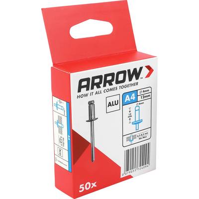 Krabička značky Red Arrow s 50 hliníkovými nýtmi A4, so zobrazením obrázka nýtu, veľkosť 4 mm x 12 mm a čiarový kód.