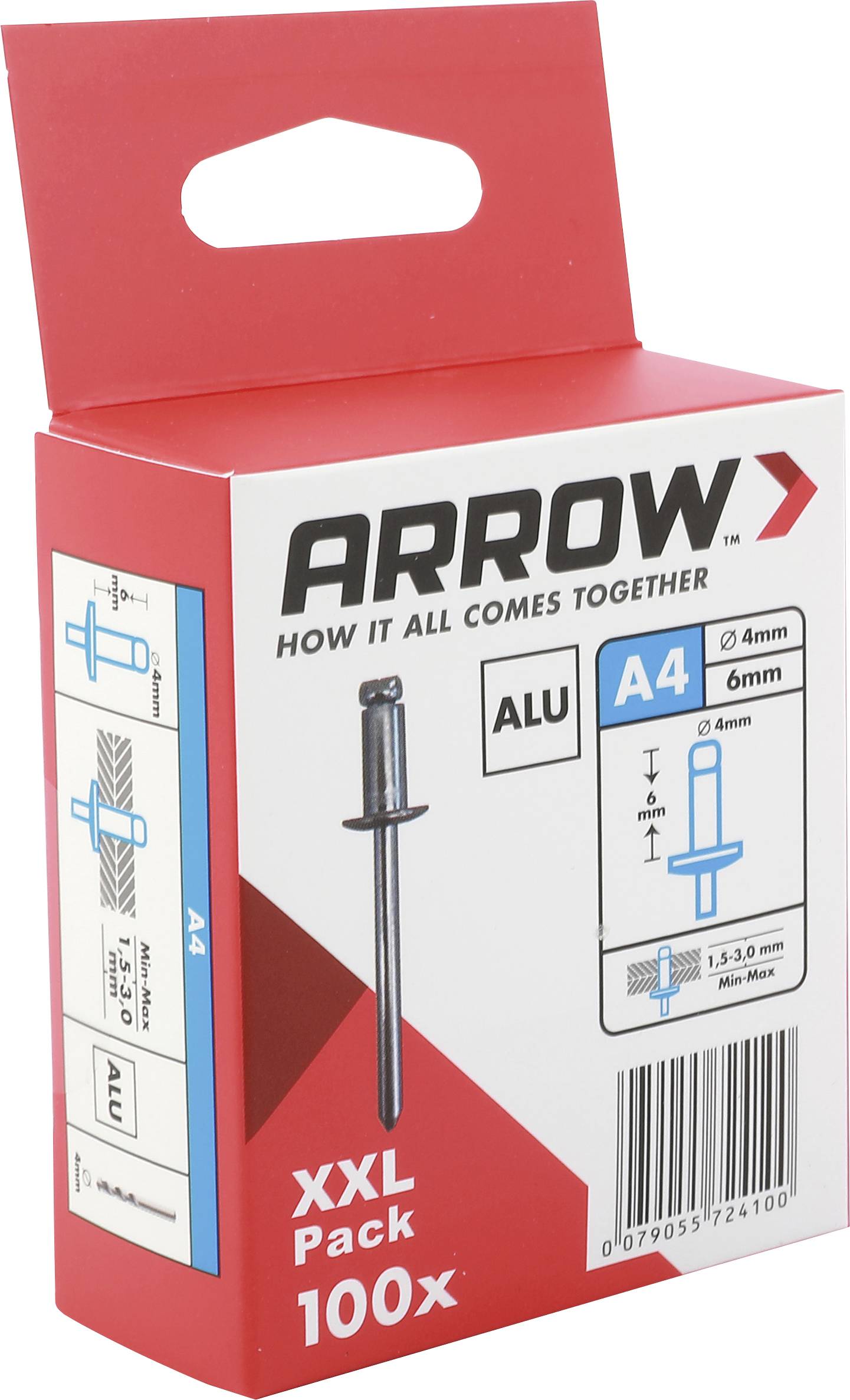 Balenie slepých nitov Red Arrow označené ALU A4 4mm/6mm, XXL balenie 100 ks, s produktovým diagramom a čiarovým kódom na červenej krabici.