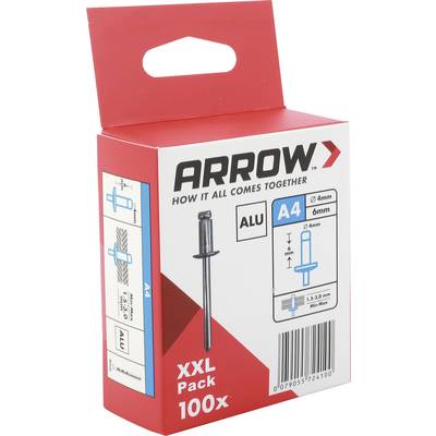 Balenie slepých nitov Red Arrow označené ALU A4 4mm/6mm, XXL balenie 100 ks, s produktovým diagramom a čiarovým kódom na červenej krabici.