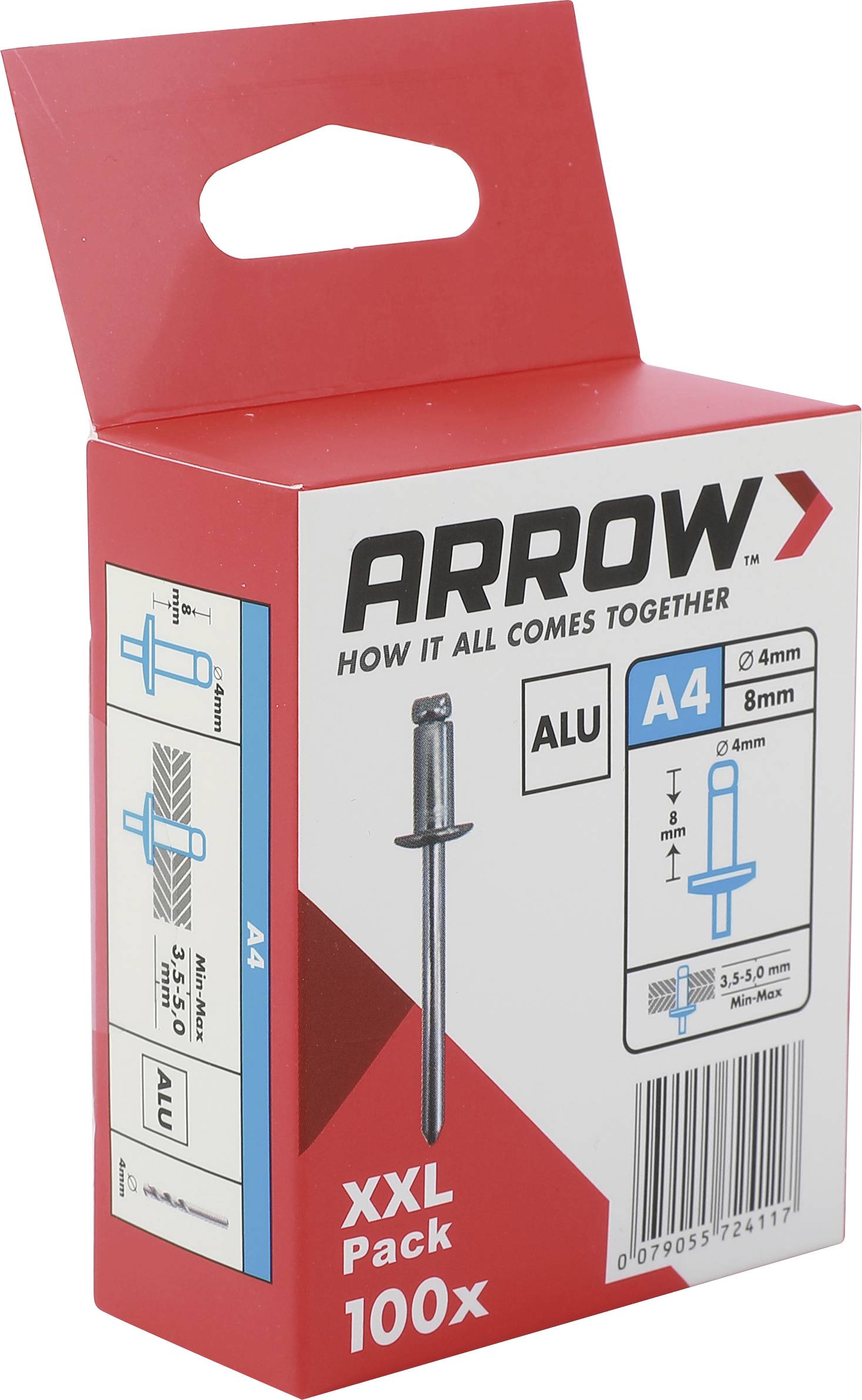 Slepé nitničky Red Arrow v krabici s označením "ARROW", "ALU", "A4 4mm 8mm" a "XXL Pack 100x" na bielom pozadí.