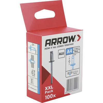 Slepé nitničky Red Arrow v krabici s označením "ARROW", "ALU", "A4 4mm 8mm" a "XXL Pack 100x" na bielom pozadí.