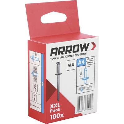 Krabica sady nitov Red Arrow, označená A4 hliník, XXL balenie 100x, s veľkosťou nitu a inštalačnými diagramami na balení.